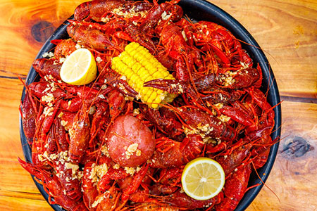 Bluewater Seafood platter of boiled crawfish