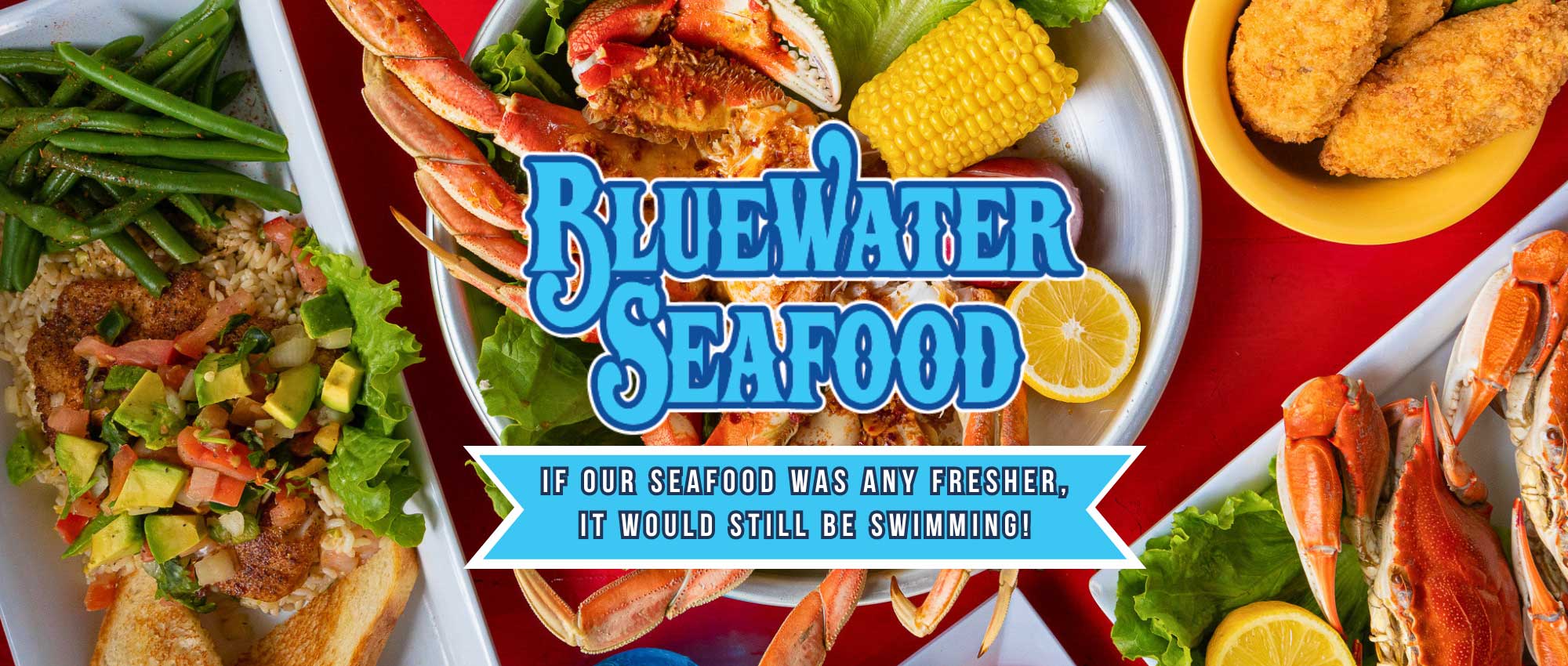 BlueWater Seafood Banner for homepage showing a selection of seafood dinners with the company logo